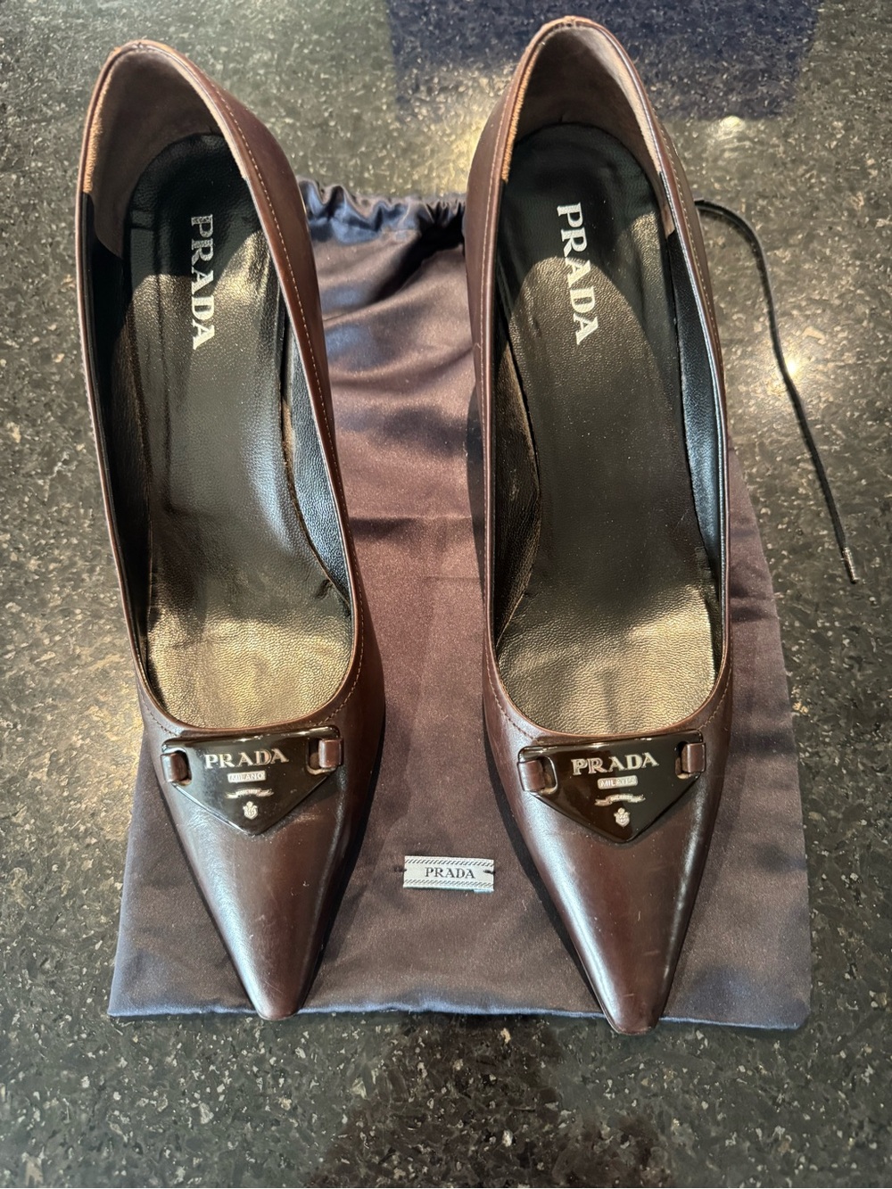 Prada Brown Leather Pointed Toe Logo Plaque Pumps